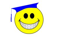 Smiley face with braces wearing a graduation cap